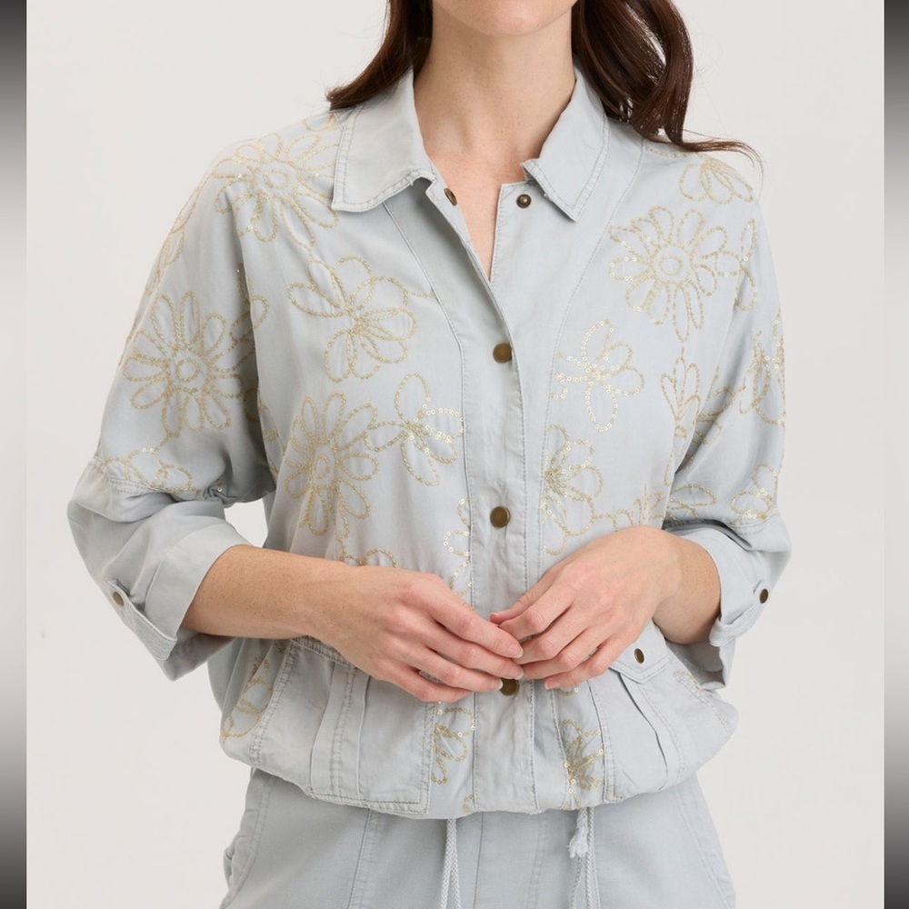 NWT XCVI ILYSE SEQUINED LOOP FLOWER DESIGN CINCH SHIRT JACKET